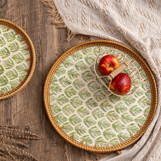 Mother of Pearl Mosaic Tray with Rattan Rim Set