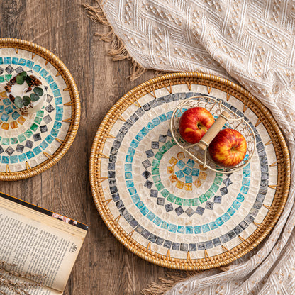 Mother of Pearl Mosaic Tray with Rattan Rim Set