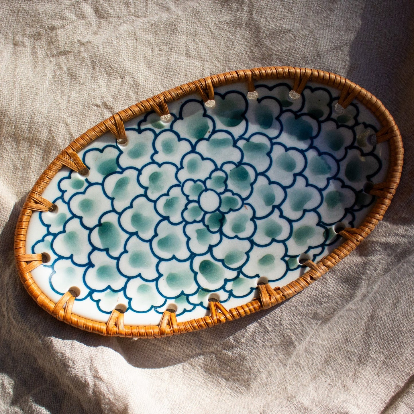 Porcelain Decor Plate with Handwoven Rattan Rim