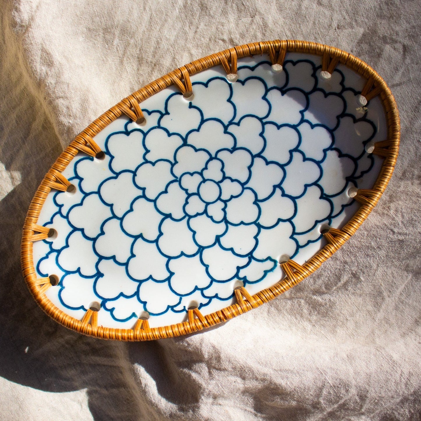 Porcelain Decor Plate with Handwoven Rattan Rim