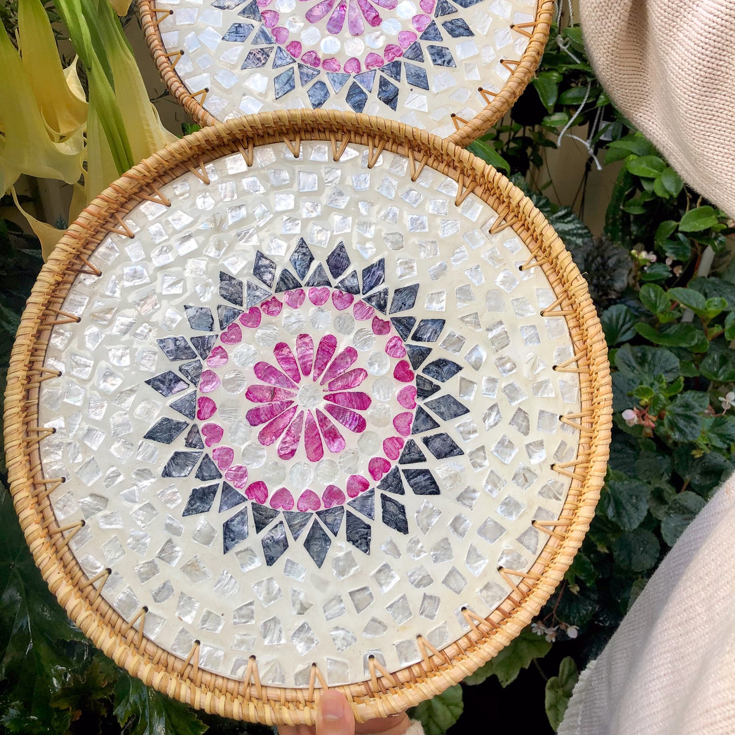 Mother of Pearl Mosaic Tray with Rattan Rim Set