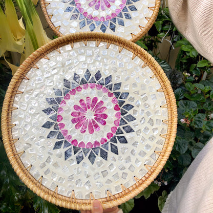 Mother of Pearl Mosaic Tray with Rattan Rim Set