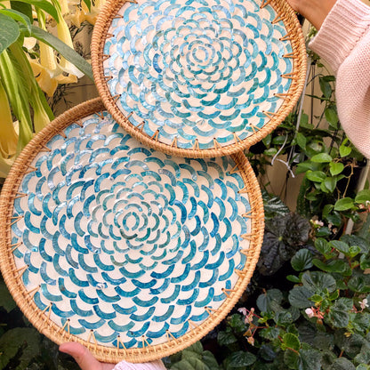 Mother of Pearl Mosaic Tray with Rattan Rim Set