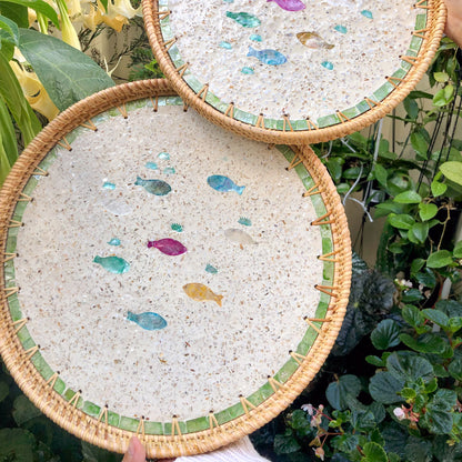 Mother of Pearl Mosaic Tray with Rattan Rim Set