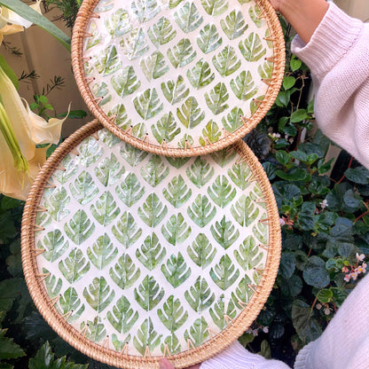 Mother of Pearl Mosaic Tray with Rattan Rim Set